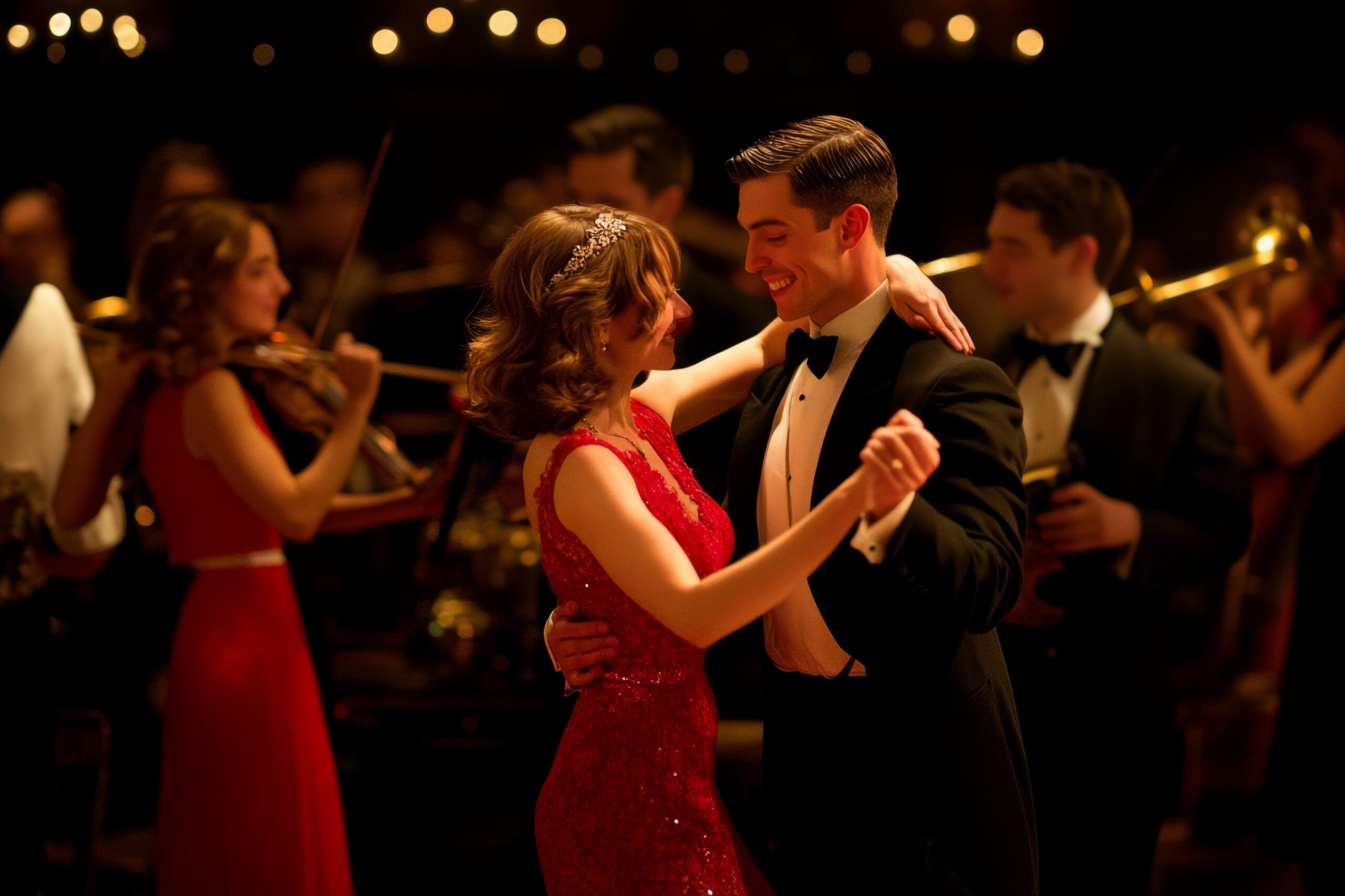 Elegant couple dances closely amidst a lively orchestra at a glamorous evening event